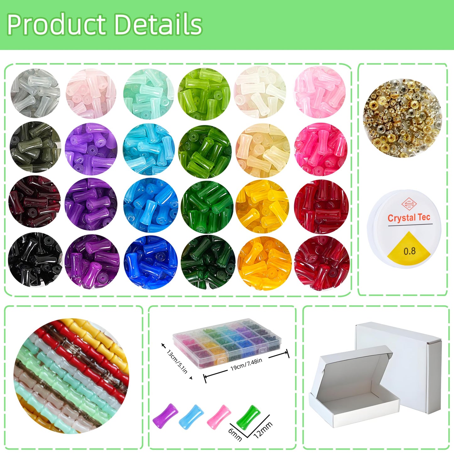 REVKI 6 * 12mm Glass Beads Bracelet Making Kit,600pcs 24 Colors Rice Shaped Natural Bamboo Crystal Beads for Jewelry Making,Teardrop Glass Beads for DIY Necklace Crafts