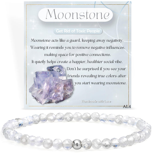 Farfume Moonstone - Protection - Beaded Bracelets for Women,Handmade Natural Stone 4mm Beads 925 Sterling Silver Stretch Bracelets, Chakra Crystal Gemstone Jewelry Gifts for Mom