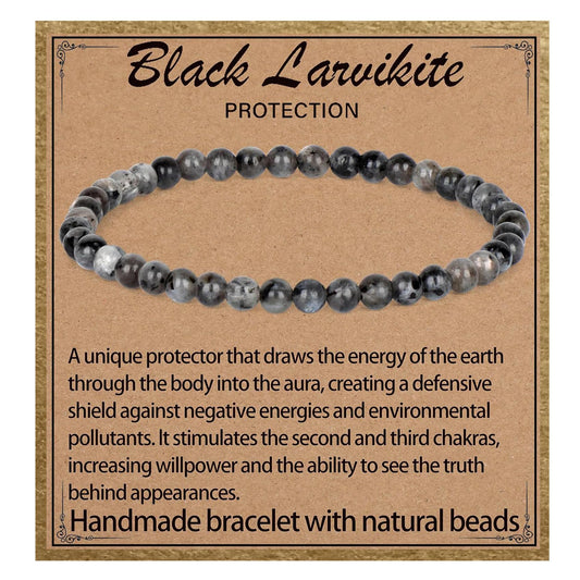 LPBeads Handmade Natural Gemstone Stretch Elastic 4mm Black Larvikite Bracelet Healing Crystal Round Stone Beads Jewelry Gifts for Women Men