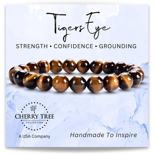 Cherry Tree Collection Tigers Eye Bracelet – Handmade 8mm Natural Tigers Eye Beaded Stretch Bracelet for Men & Women – Healing, Protection & Positive Energy – Unisex Jewelry, Gift-Ready - Medium