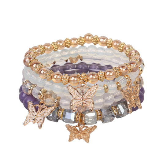 LOTSOF Boho Flower Beaded Bracelet Set for Women - Multilayer Crystal & Flower Charm Stackable Bracelets, Fashion Jewelry Gift for Her (Purple Butterfly)