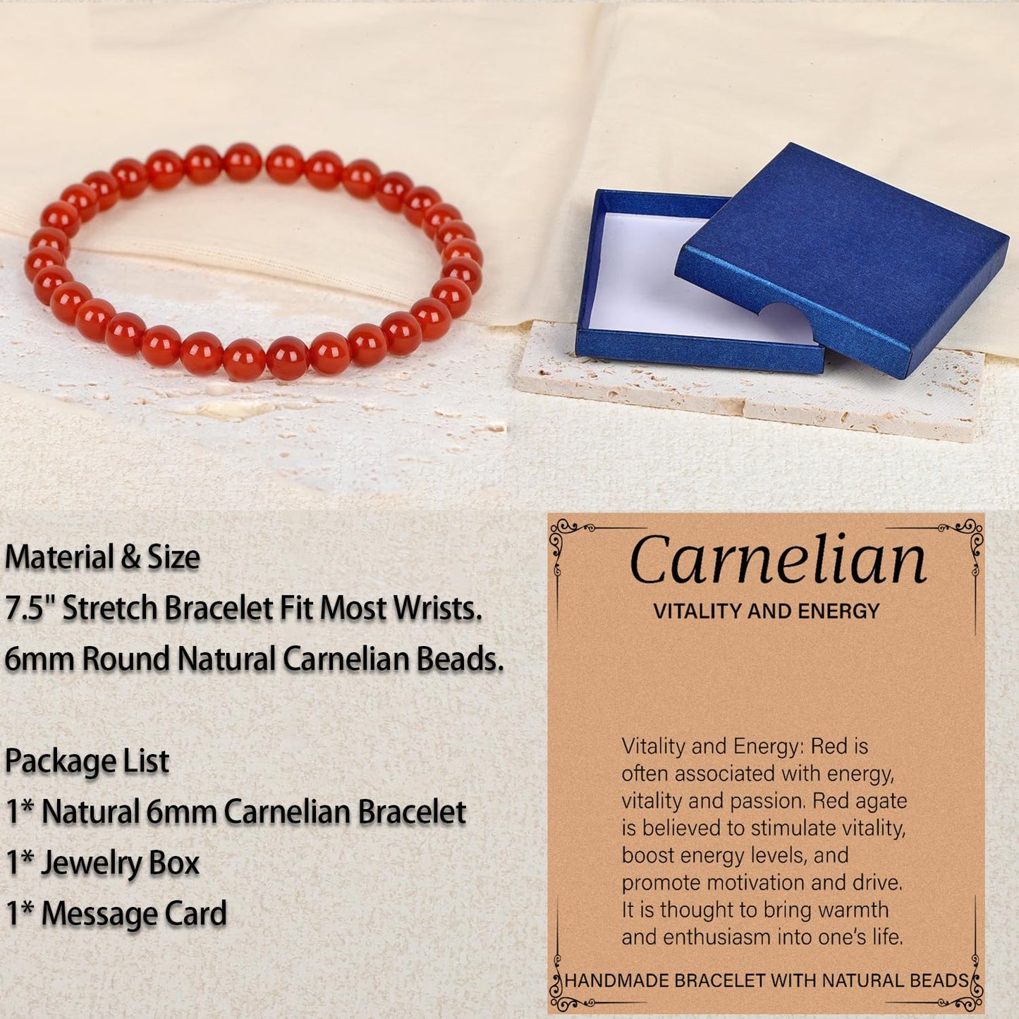 LPBeads Handmade Natural Gemstone Stretch Elastic 6m Carnelian Bracelet Healing Crystal Round Stone Beads Jewelry Gifts for Women Men