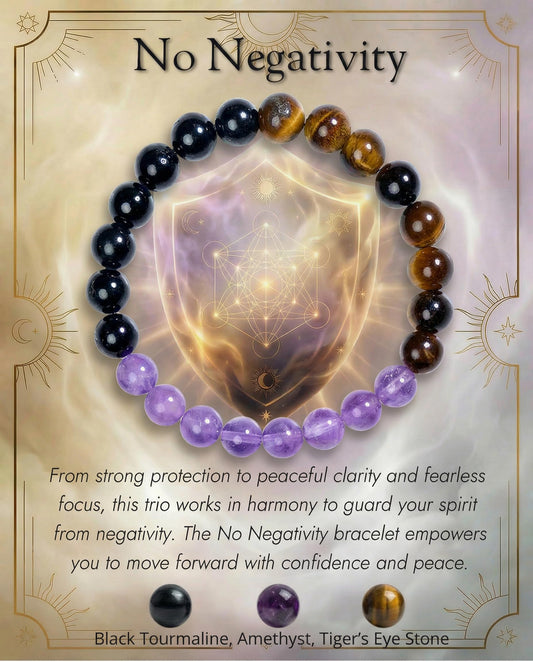 Bivei No Negativity Bracelet, Strength Crystal Healing Bracelet 8MM with Black Tourmaline & Amethyst & Tiger Eye - Spiritual Stretch Beaded Jewelry for Women Men Gift