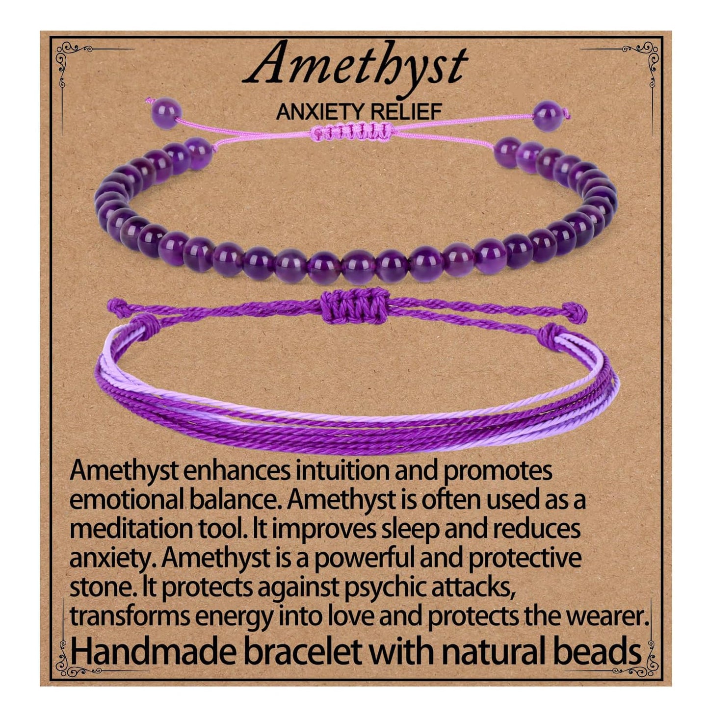 LPBeads 4mm Purple Amethyst Bracelet with Handmade Rope Bracelet Size Adjustable Natural Stone Crystal Healing Bracelets Gifts for Unisex Adults