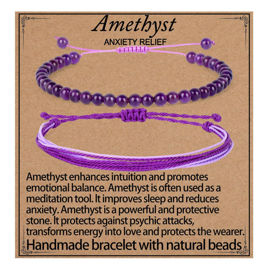 LPBeads 4mm Purple Amethyst Bracelet with Handmade Rope Bracelet Size Adjustable Natural Stone Crystal Healing Bracelets Gifts for Unisex Adults