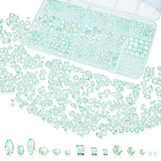Laopottbeads 1500 Pcs Crystal Glass Beads for Jewelry Making – 12 Styles Bicone, Rondelle, Cube, Teardrop & 3mm Spacer Beads, DIY Bracelet Necklace Earring Craft Kit(Peppermint Green)