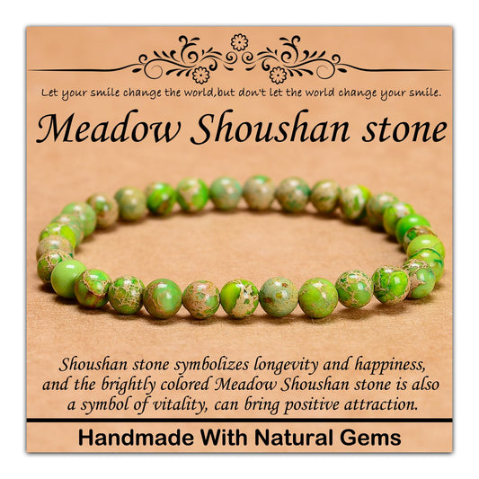 CHCCOYE 6mm Natural Healing Gemstone Bracelet Handmade Yoga Stretch Elastic Bracelet Stress Relief Crystal Jewelry for Men and Women (6mm,Meadow Shoushan stone)