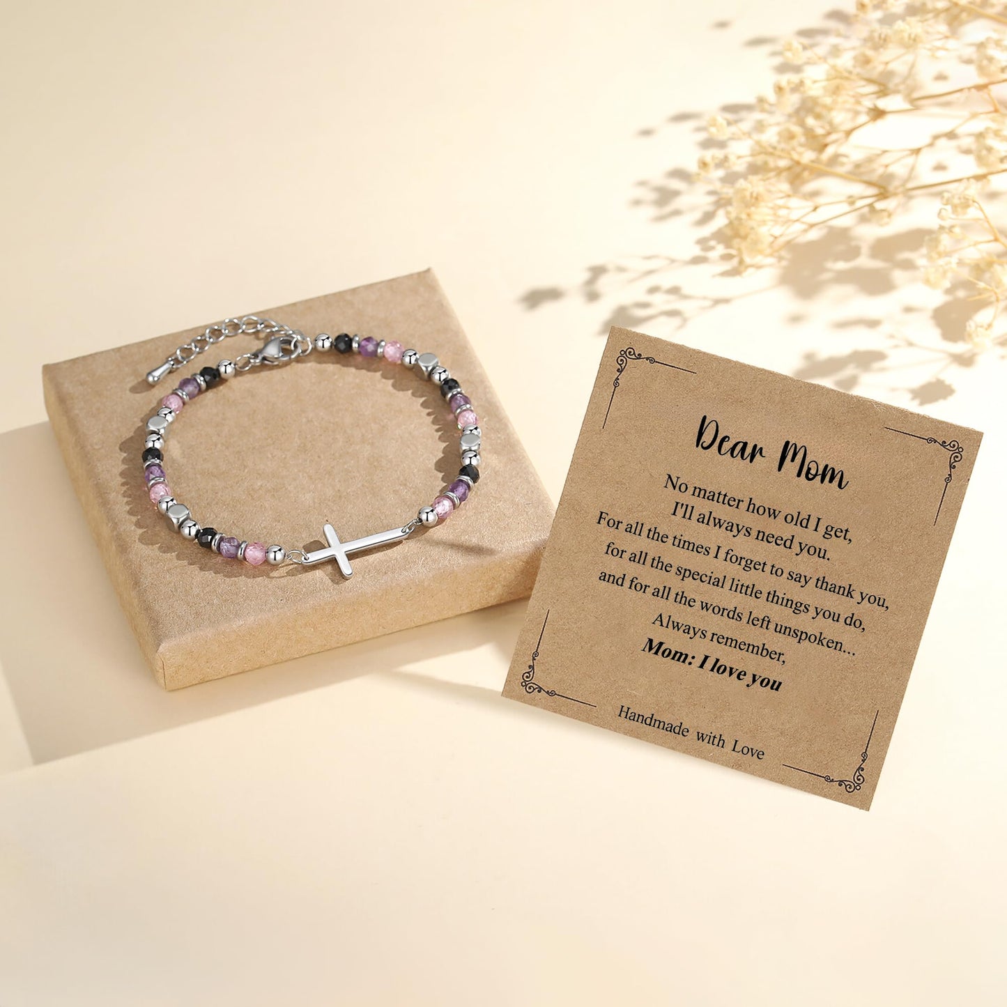 Mother's Day, Birthday, Valentine's Day, Christmas, Easter Gifts for Mom – Dainty Christian Cross Bracelet, Anxiety Relief Jewelry for Women, Adjustable Crystal Beaded Bracelet