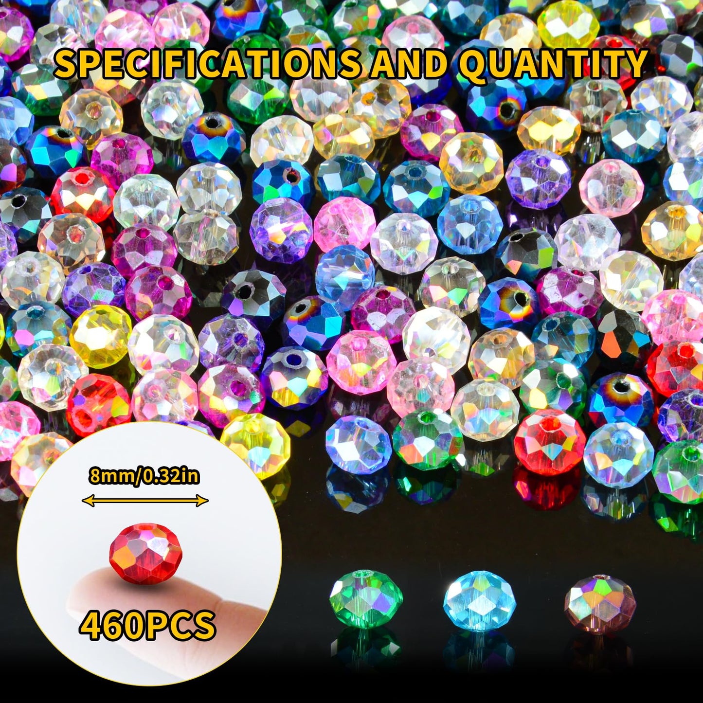 Laopottbeads 460Pcs Colors Random 8mm Crystal Glass Beads for Jewelry Making Beads for Bracelets Necklace Pendants Making Supplies(Mixed Colors)