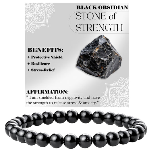 Bivei Black Obsidian - Strength - 6mm Beaded Bracelets for Women Handmade Semi Precious Natural Stone Stretch Elastic Jewelry for Women Yoga Protection Gifts