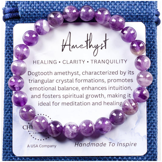 Cherry Tree Collection Dogtooth Amethyst Bracelet – Handmade 8mm Genuine Amethyst Beaded Bracelet for Men & Women – Healing, Protection & Positive Energy (Medium)