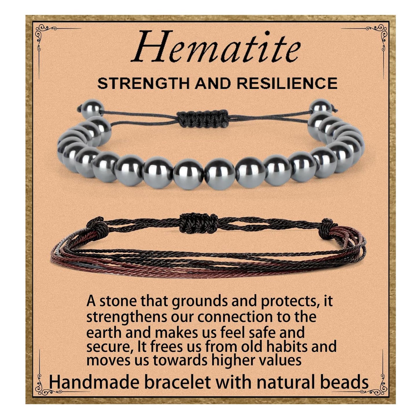 LPBeads 8mm Hematite Bracelet with Handmade Rope Bracelet Size Adjustable Natural Stone Crystal Healing Bracelets Gifts for Unisex Adults