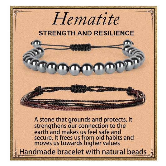 LPBeads 8mm Hematite Bracelet with Handmade Rope Bracelet Size Adjustable Natural Stone Crystal Healing Bracelets Gifts for Unisex Adults