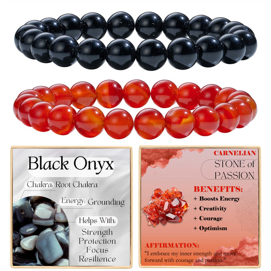 Bivei 2-Piece 8mm Beaded Bracelets for Women – Black Onyx, Carnelian – Handmade Natural Crystal Stretch Elastic Jewelry for Meditation, Yoga, Protection Gifts
