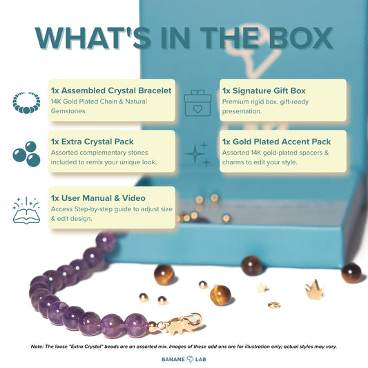 BANANE LAB Amethyst Bracelet | DIY Customizable Design | Natural 8mm Purple Gemstone Beads on 14k Gold Plated Chain | Adjustable Crown Chakra Peace & Calm Jewelry Gift for Women