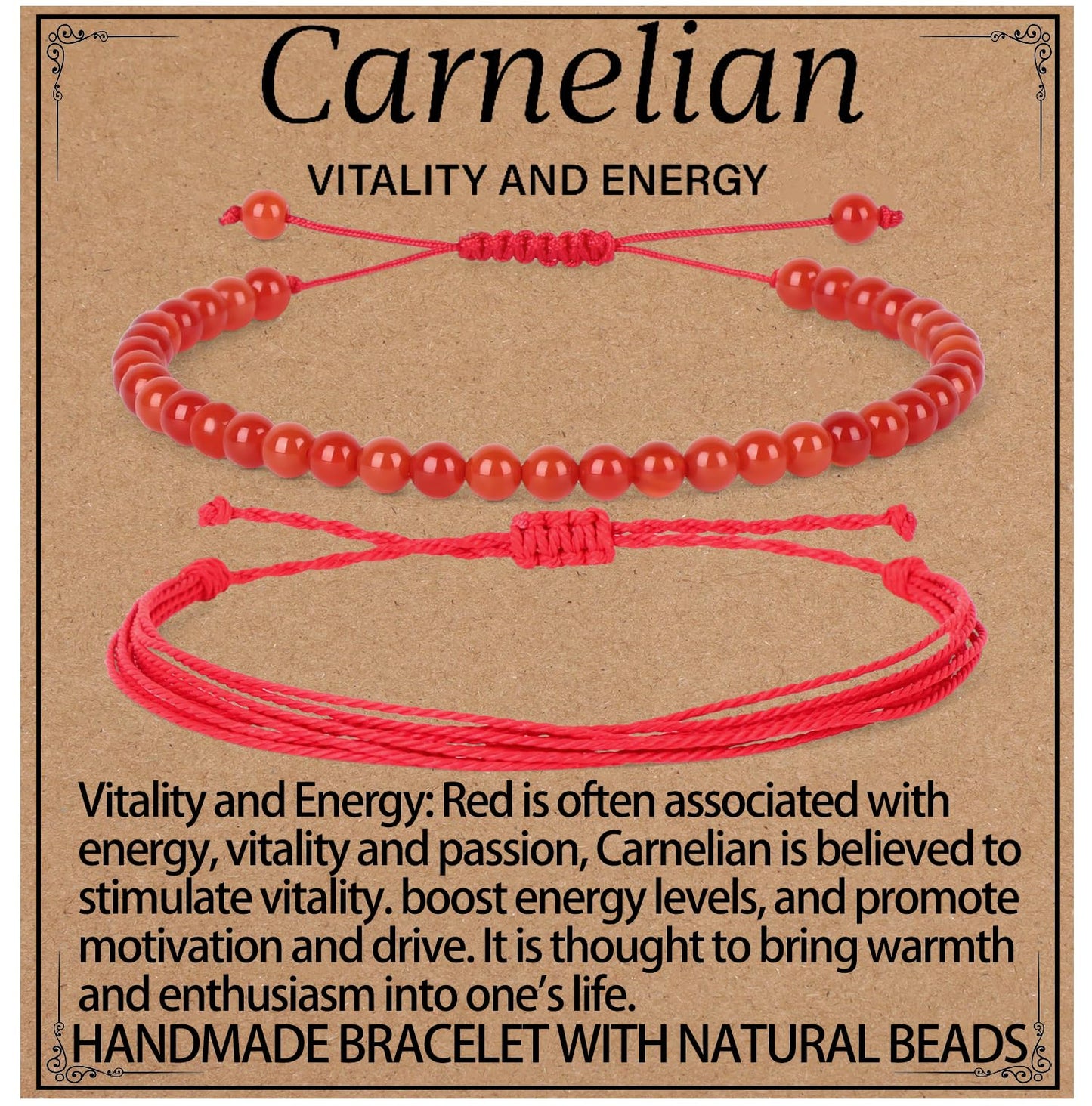 LPBeads 4mm Red Carnelian Bracelet with Handmade Rope Bracelet Size Adjustable Natural Stone Crystal Healing Bracelets Gifts for Unisex Adults