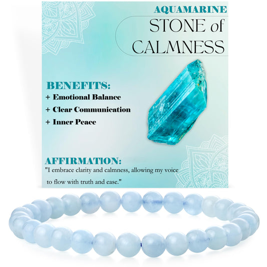 Bivei Aquamarine - Calmness - 6mm Beaded Bracelets for Women Handmade Semi Precious Natural Stone Stretch Elastic Jewelry for Women Yoga Protection Gifts Small