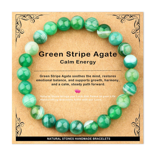 AD Beads 8mm Handmade Green Stripe Agate Elastic Bracelet – Natural Gemstone for Calm energy – Meditation, Yoga, Healing and Energy Gift for Men Women