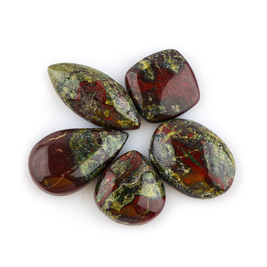 CRYSTALINES (5pcs Natural Bloodstone Jasper Gemstone Cabochon, Bulk Polished Stones, Chakra Healing Crystals, DIY Jewelry Making, Wholesale Loose Supplies, Wire Wrapping, Gem Collection