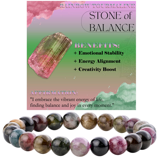 Bivei Rainbow Tournaline - Balance - 8mm Beaded Bracelets for Women Handmade Semi Precious Natural Stone Stretch Elastic Jewelry Yoga Protection Gifts