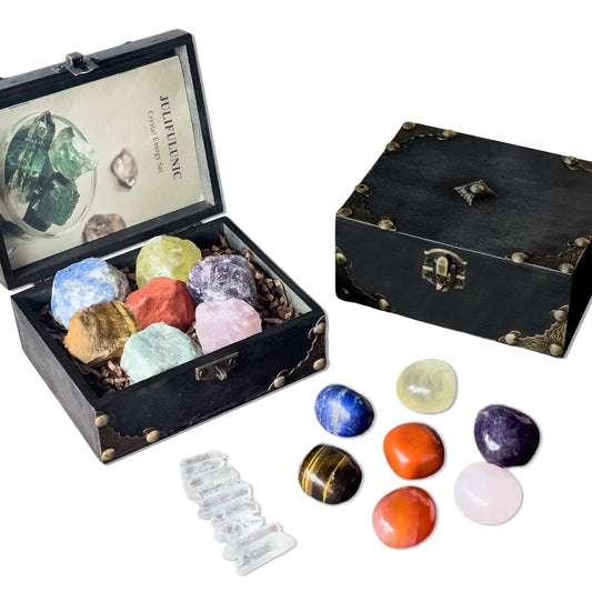 Juliful Unic 23-Piece Crystal Healing Set with 7 Raw & 7 Polished Stones 9 White Quartz Authentic Brazil & Uruguay Crystals in Wooden Box Complete Chakra Kit with Guide for Meditation Reiki Gift