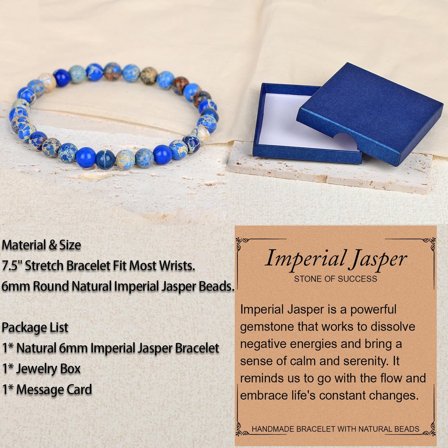 LPBeads Handmade Natural Gemstone Stretch Elastic 6mm Blue Imperial Jasper Bracelet Healing Crystal Round Stone Beads Jewelry Gifts for Women Men