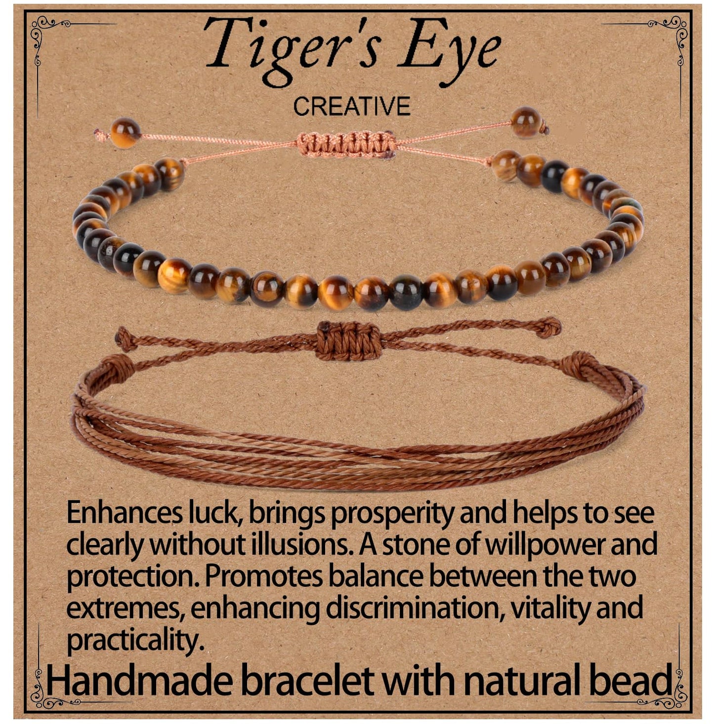 LPBeads 4mm Yellow Tiger's Eye Bracelet with Handmade Rope Bracelet Size Adjustable Natural Stone Crystal Healing Bracelets Gifts for Unisex Adults