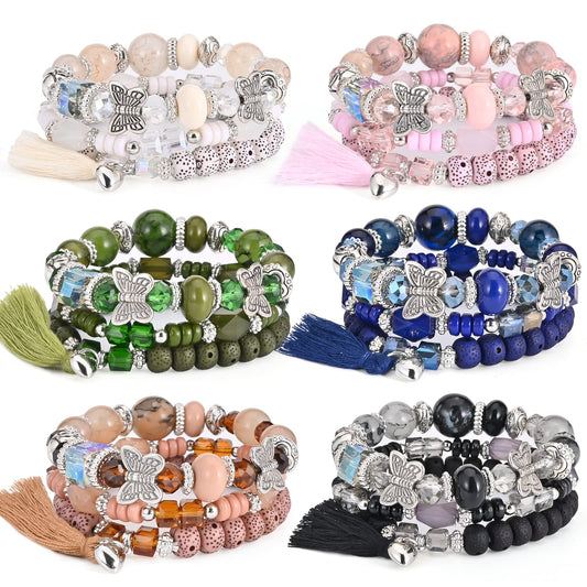 Bohemian Bracelet Sets for Women - 6 Sets Stackable Stretch Bracelets Multi-color Boho Jewelry for Women Hippie Bracelets Dainty Jewelry Best Friend Gift (Butterfly Stretch Bracelets Set)