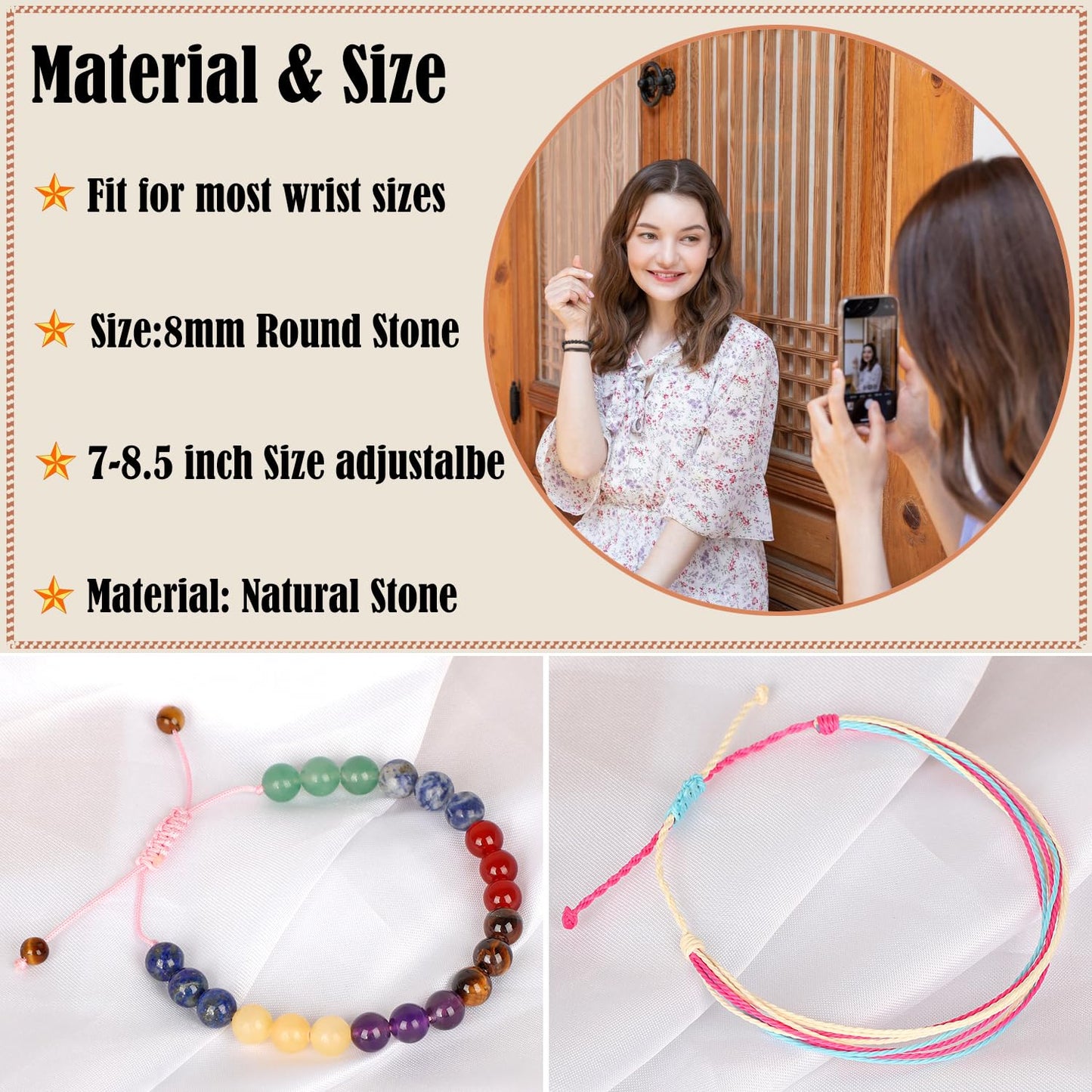 LPBeads 8mm Chakra Bracelet with Handmade Rope Bracelet Size Adjustable Natural Stone Crystal Healing Bracelets Gifts for Unisex Adults