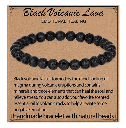 LPBeads Handmade Natural Gemstone Stretch Elastic 6mm Black Lava Bracelet Healing Crystal Round Stone Beads Jewelry Gifts for Women Men