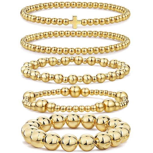 Qiuseadu Chunky Gold Beaded Stack Bracelets Beads Ball Cross Colorful Statement Bracelets Set for Women (Full Gold Statement)