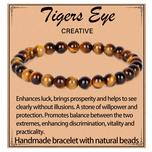 LPBeads Handmade Natural Gemstone Stretch Elastic 6mm Yellow Tiger's Eye Bracelet Healing Crystal Round Stone Beads Jewelry Gifts for Women Men