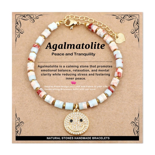 Natural Gemstone Healing Crystal Agalmatolite jasper Dainty Charms Happy face Bracelet Adjustable Chain Extender Minimalist Jewelry