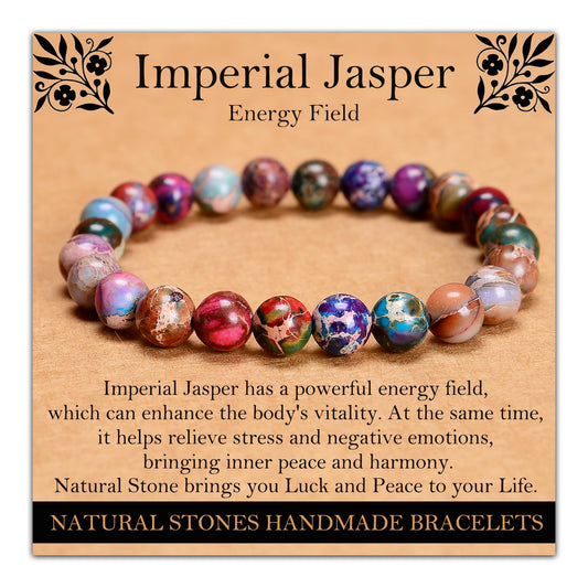 Handmade Natural Gemstone Elastic Bracelet - Healing Crystal Beads Jewelry, Unisex (Imperial Jasper, 8mm)