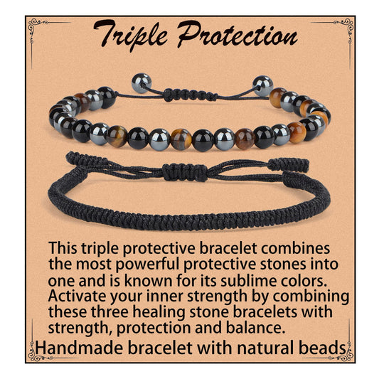 LPBeads 6mm Onyx Tiger's eye Hematite Mixed stone Bracelet with Handmade Rope Bracelet Size Adjustable Natural Stone Crystal Healing Bracelets Gifts for Unisex Adults