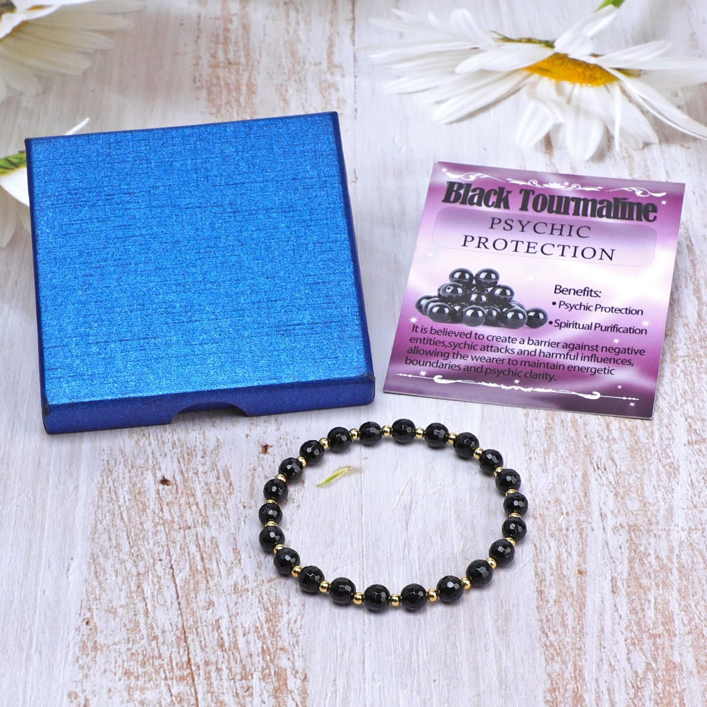 QOGIR Black Tourmaline - Psychic Protection - 14K Gold Plated Beads Natural Gemstone Stretch Elastic Dainty Healing Beaded Bracelets Gifts 6mm