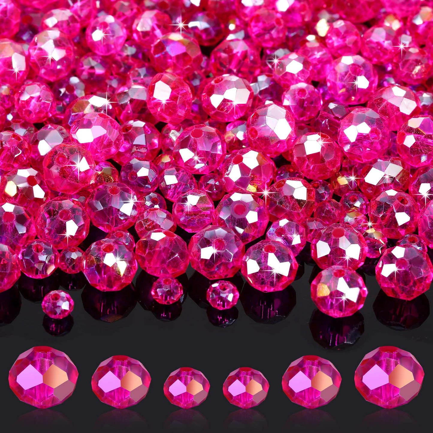 WILLBOND 600 Pcs Crystal Glass Beads for Jewelry Making Bulk Suncatcher Faceted Rondelle Loose Gemstone for Valentine's Day, Irish Holiday, Easter Bracelet DIY Crafts 8mm, 6mm, 4mm(Hot Pink)