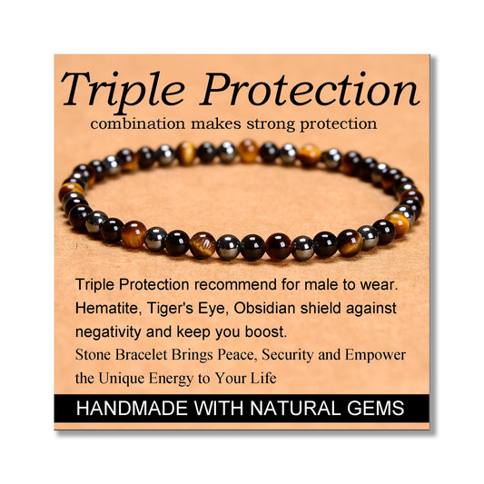 MASSIVE BEADS Triple Protection - Stone of Strong Protect - Handmade Yoga Stretch Elastic Bracelet Natural Stone Crystal Healing Power Energy Gifts for Unisex Adult 4mm