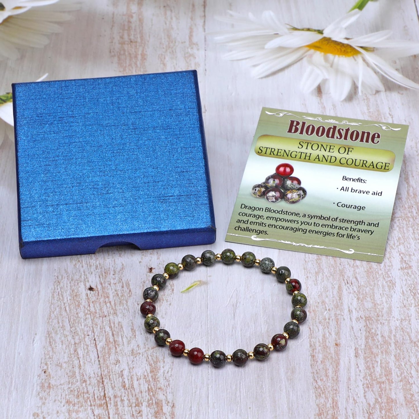 QOGIR Dragon Bloodstone - Strength and Courage - 14K Gold Plated Beads Natural Gemstone Stretch Elastic Dainty Healing Beaded Bracelets Gifts 6mm