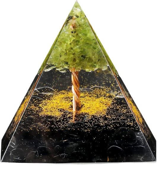 EternalOrgone Tree of Life Orgone Pyramid for Positive Energy, Orgonite Peridot&Obsidian Healing Crystal Pyramids for Reduce Stress Chakra Reiki Healing Meditation Attracts Lucky and Success