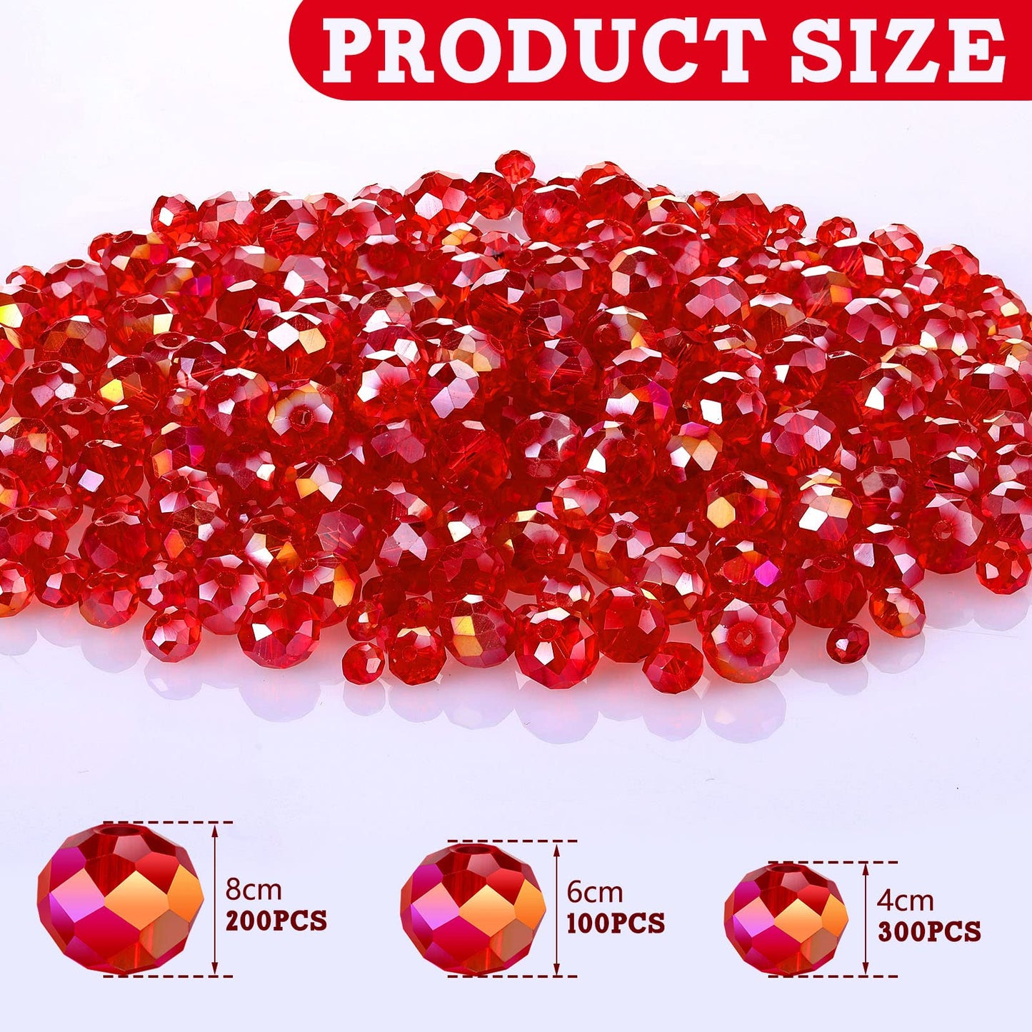 WILLBOND 600 Pcs Crystal Glass Beads for Jewelry Making Bulk Suncatcher Faceted Rondelle Loose Gemstone for Valentine's Day, Irish Holiday, Easter Bracelet DIY Crafts 8mm, 6mm, 4mm(Red AB Color)