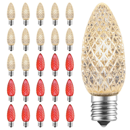 Minetom LED C9 Christmas Light Bulbs, 25 Pack, Red and Warm White, Dimmable, Fits C9/E17 Base, Commercial Grade