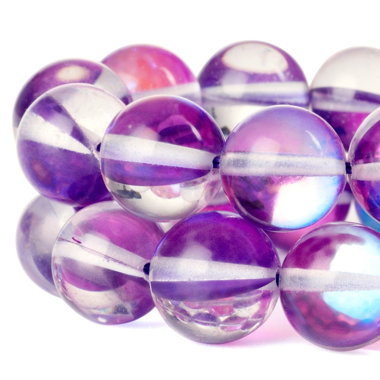 RUBYCA Round Moonstone Crystal Glass Beads Aura Iridescent for Jewelry Making (1 Strand, 10mm, Purple)