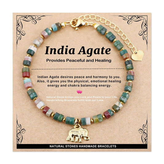 Natural Gemstone Healing Crystal Indian Agate Dainty Charms Elephant Bracelet Adjustable Chain Extender Minimalist Jewelry