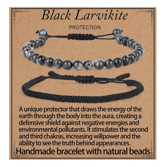 LPBeads 6mm Larvikite Bracelet with Handmade Rope Bracelet Size Adjustable Natural Stone Crystal Healing Bracelets Gifts for Unisex Adults