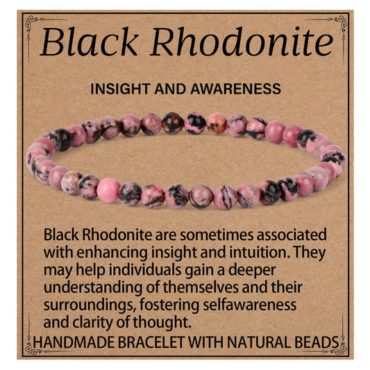 LPBeads Handmade Natural Gemstone Stretch Elastic 4mm Pink Black Rhodonite Bracelet Healing Crystal Round Stone Beads Jewelry Gifts for Women Men