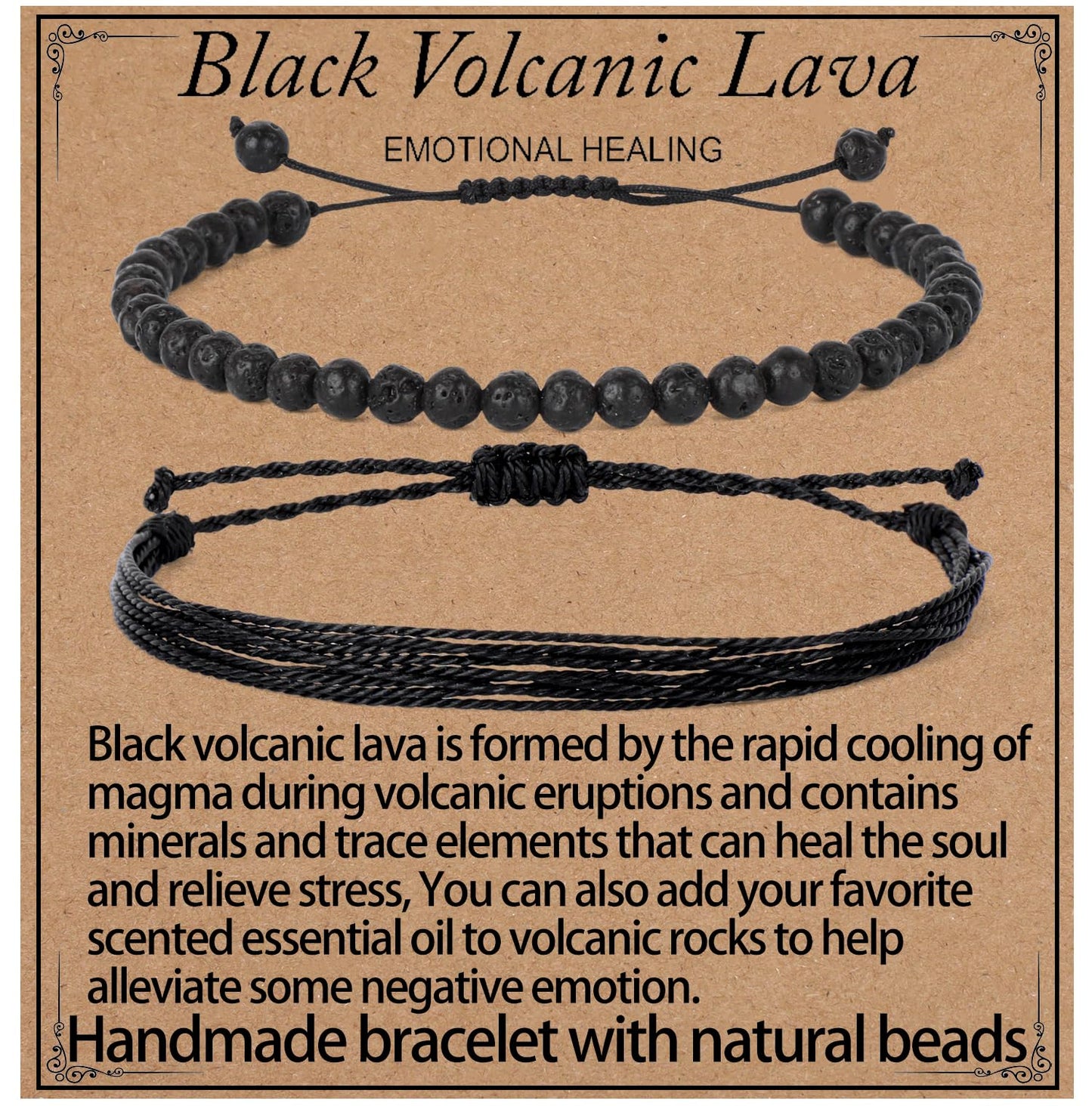 LPBeads 4mm Black Lava Bracelet with Handmade Rope Bracelet Size Adjustable Natural Stone Crystal Healing Bracelets Gifts for Unisex Adults