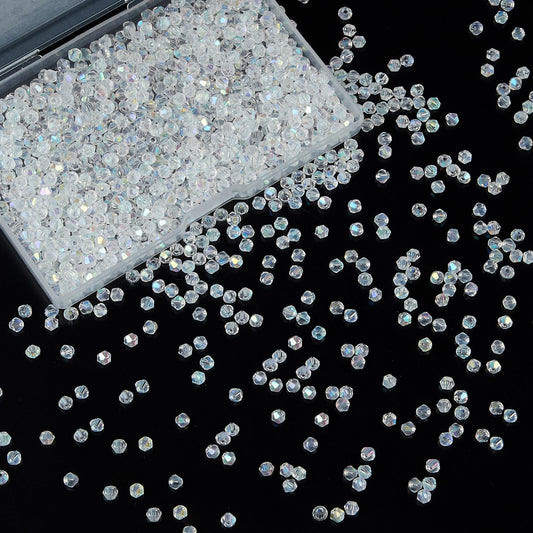 Laopottbeads 1200PCS 3mm Bicone Crystal Glass Beads for Jewelry Making, Sparkling Mini Beads for Suncatchers, DIY Bracelets & Craft Projects (AB White)