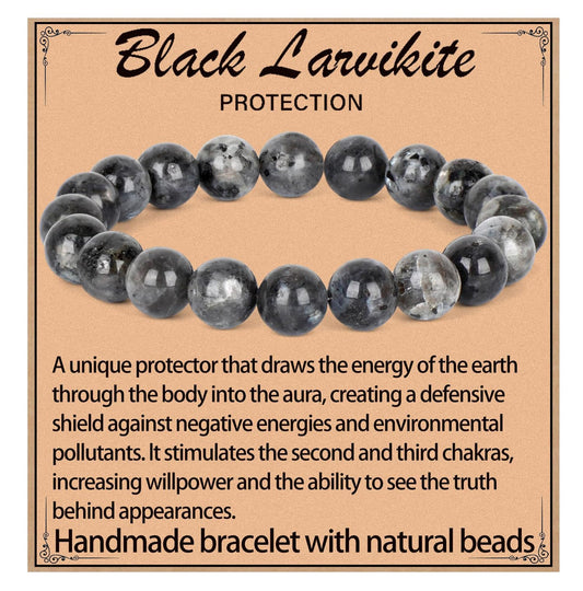 LPBeads Handmade Natural Gemstone Stretch Elastic 10mm Black Larvikite Bracelet Healing Crystal Round Stone Beads Jewelry Gifts for Women Men