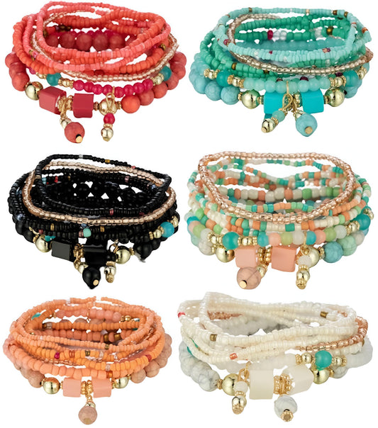 Boho Multilayer Stretch Beaded Bracelets for Women – Set of 6 Beaded Bracelet Colorful Rice Beads, Stackable Fashion Jewelry, Ideal for Festivals, Summer Parties, Beachwear, and Casual Outfits